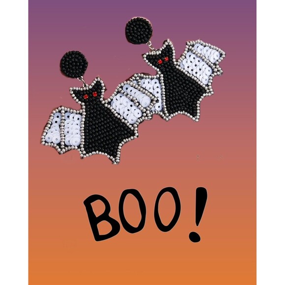 New- Batty Halloween Earrings Black/White Seed Beads White Sequins Lightweight - Picture 2 of 5